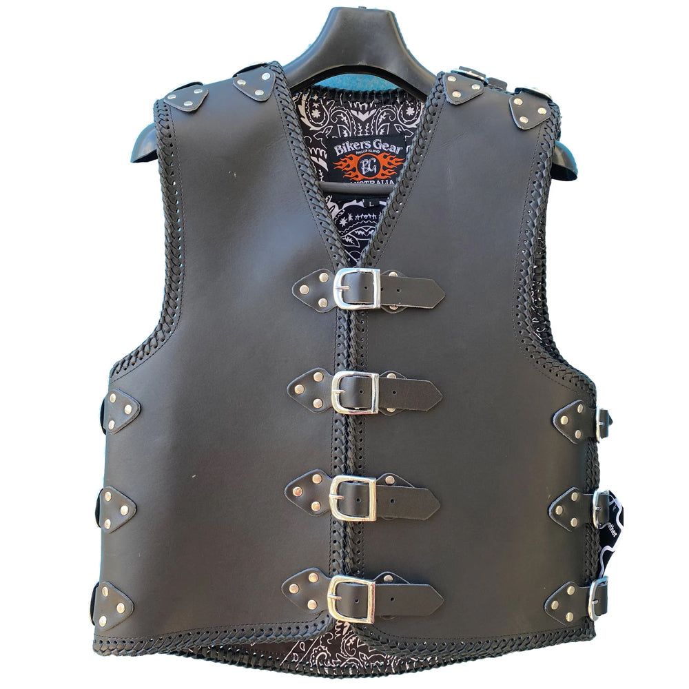 Bikers Gear Australia Atlas 3-4mm HD Braided Leather Motorcycle Buckle Club Vest Black