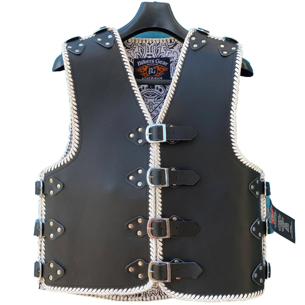 Bikers Gear Australia Atlas 3-4mm HD Leather Motorcycle Braided Club Vest White Paisley Liner