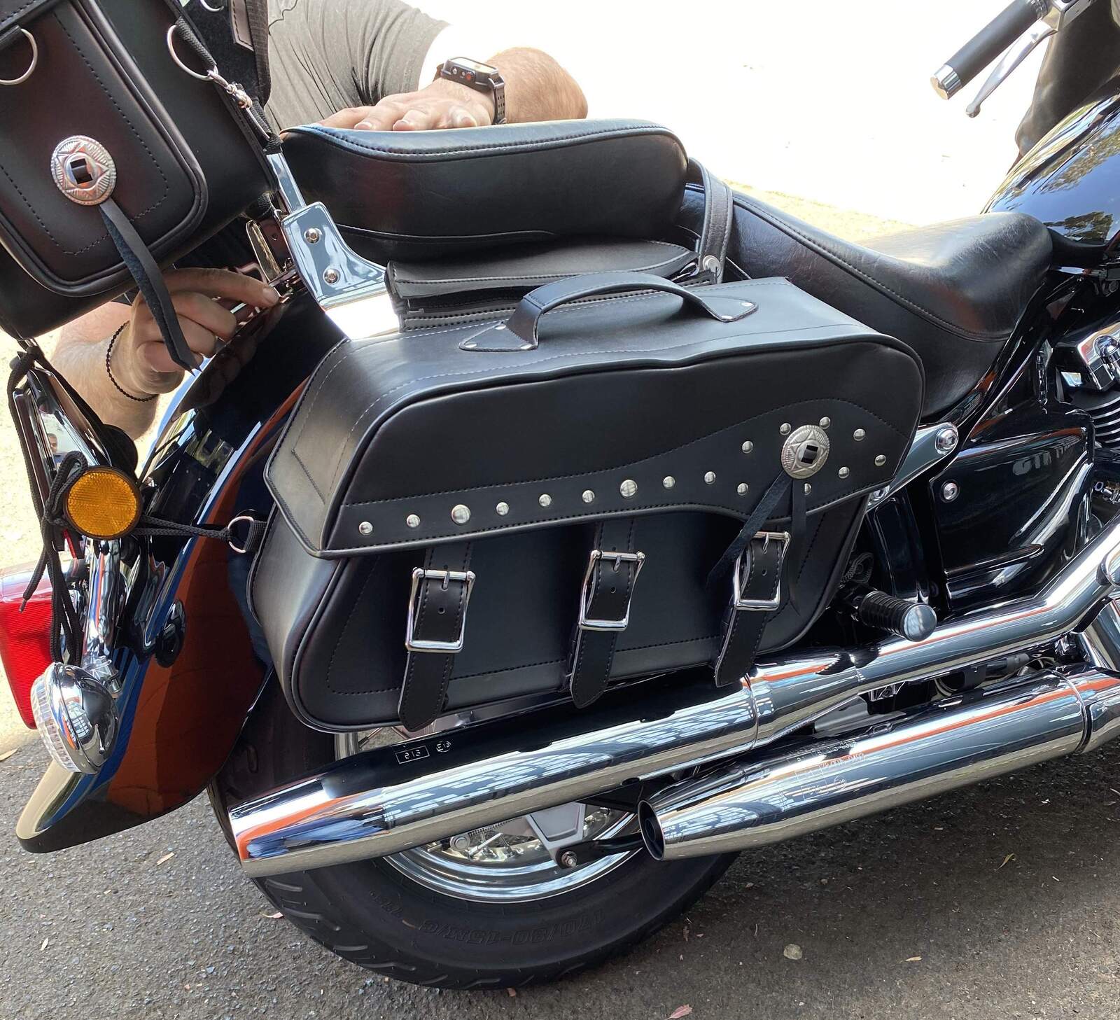 Fender 3 Buckle Studded Leather Motorcycle Saddlebags