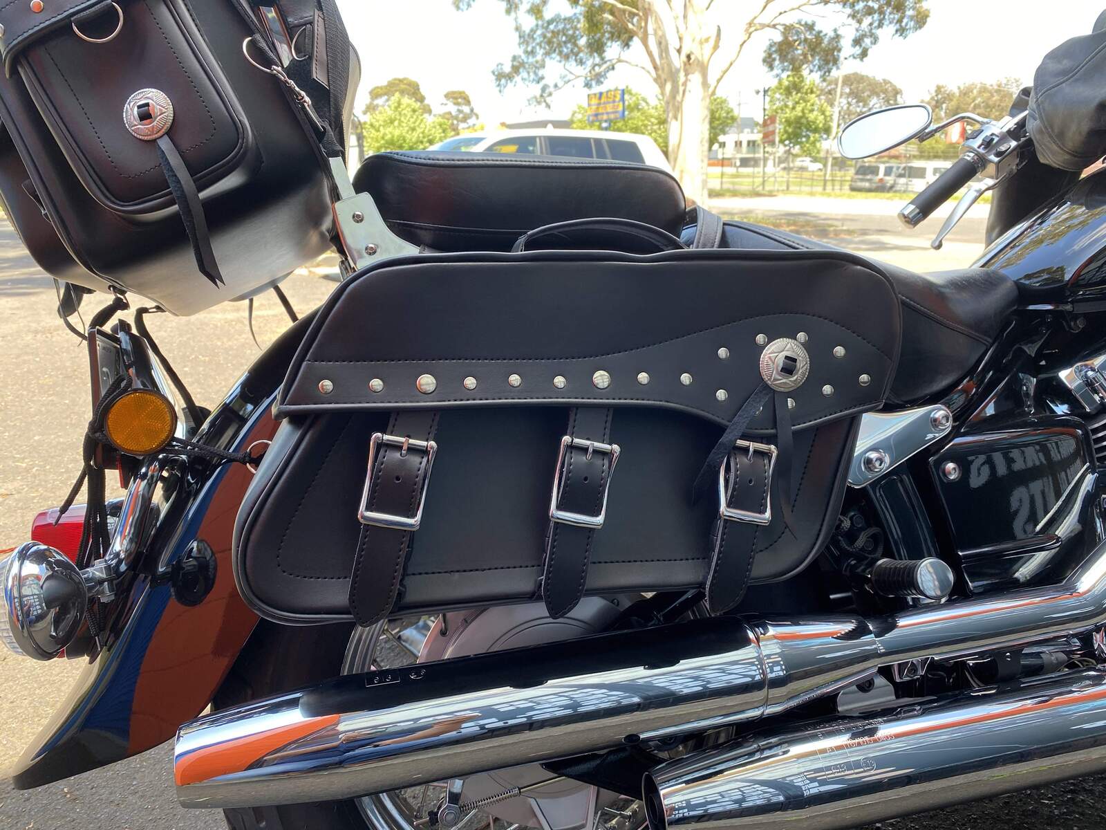 Fender 3 Buckle Leather Motorcycle Saddlebags Pair PLAIN